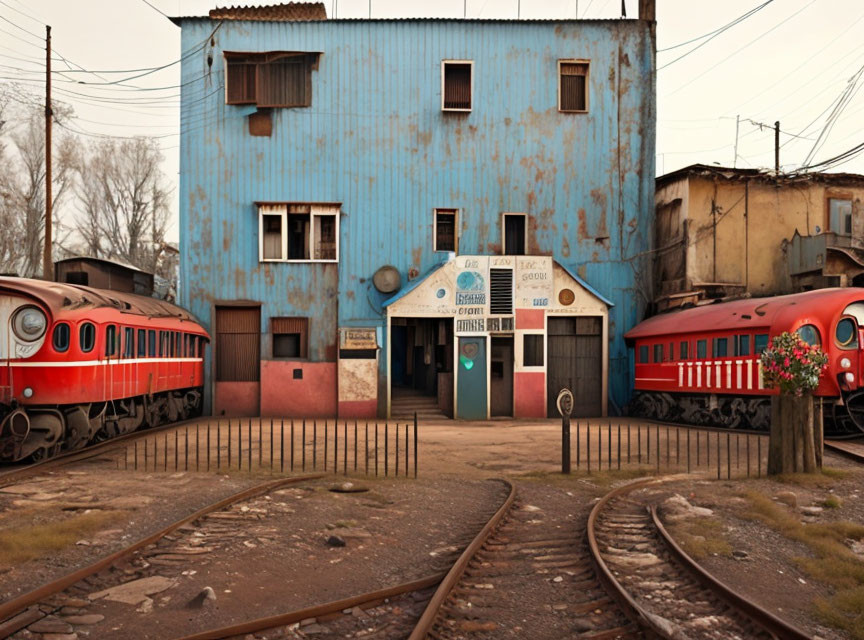 Weathered Blue Train Station with Red Trains on Rusty Tracks