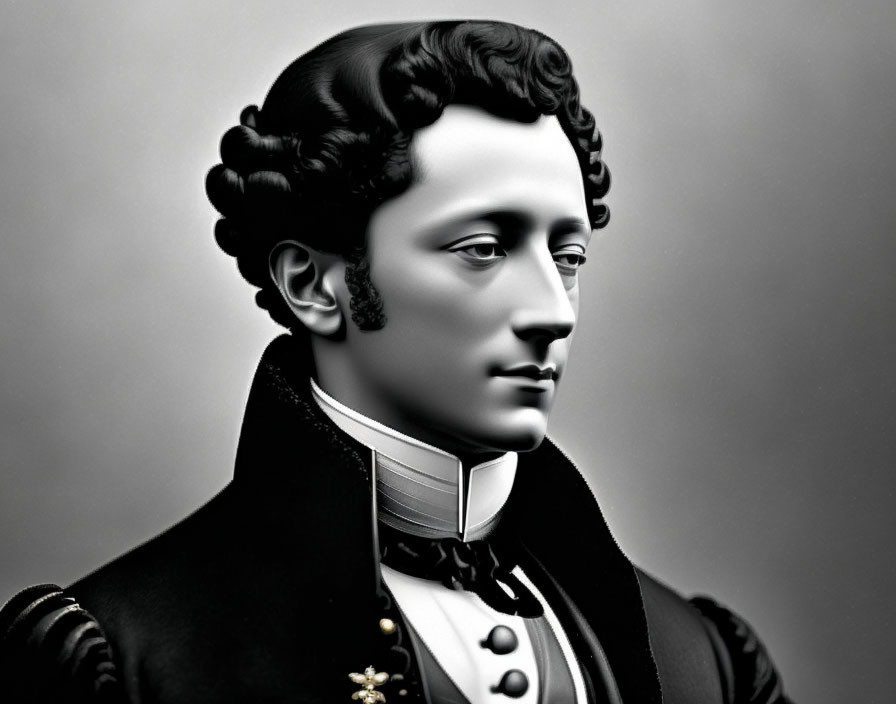 Detailed monochromatic portrait of man in historical attire with sideburns.