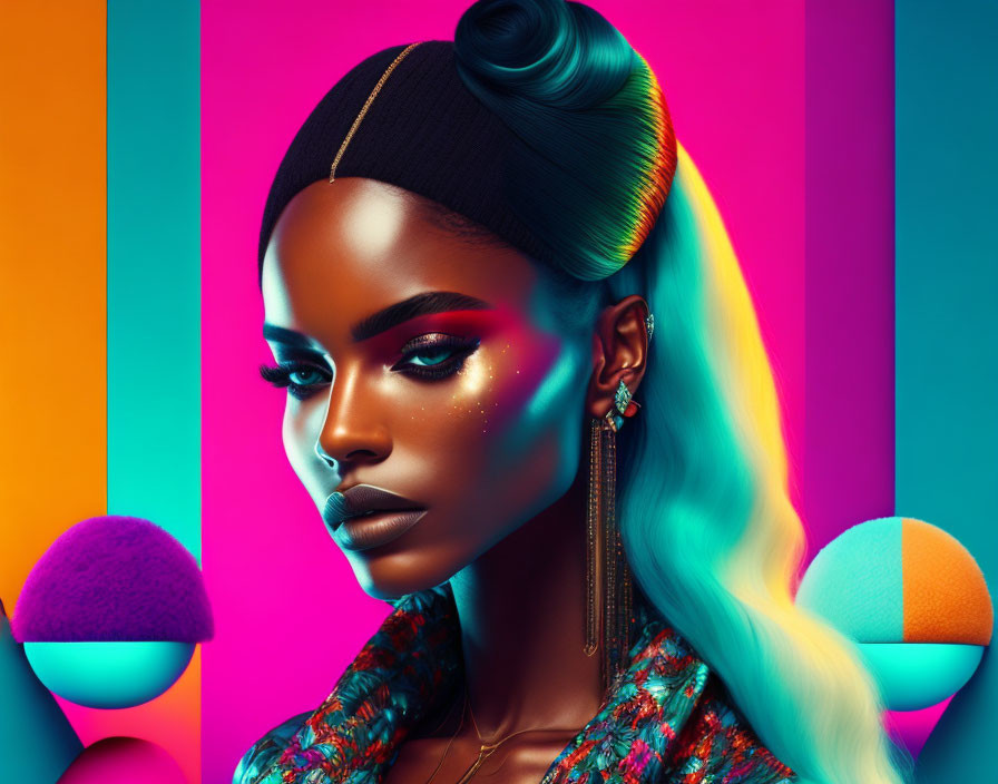 Colorful Woman Portrait with High Top Bun Hairstyle & Geometric Background