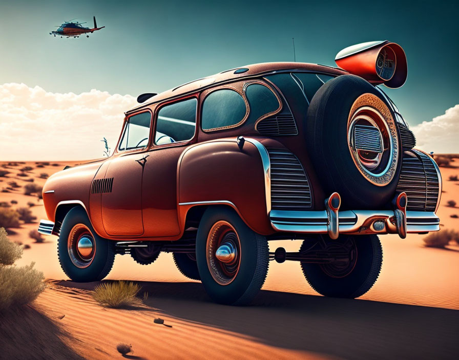 Classic car with modern upgrades in desert scene with helicopter.