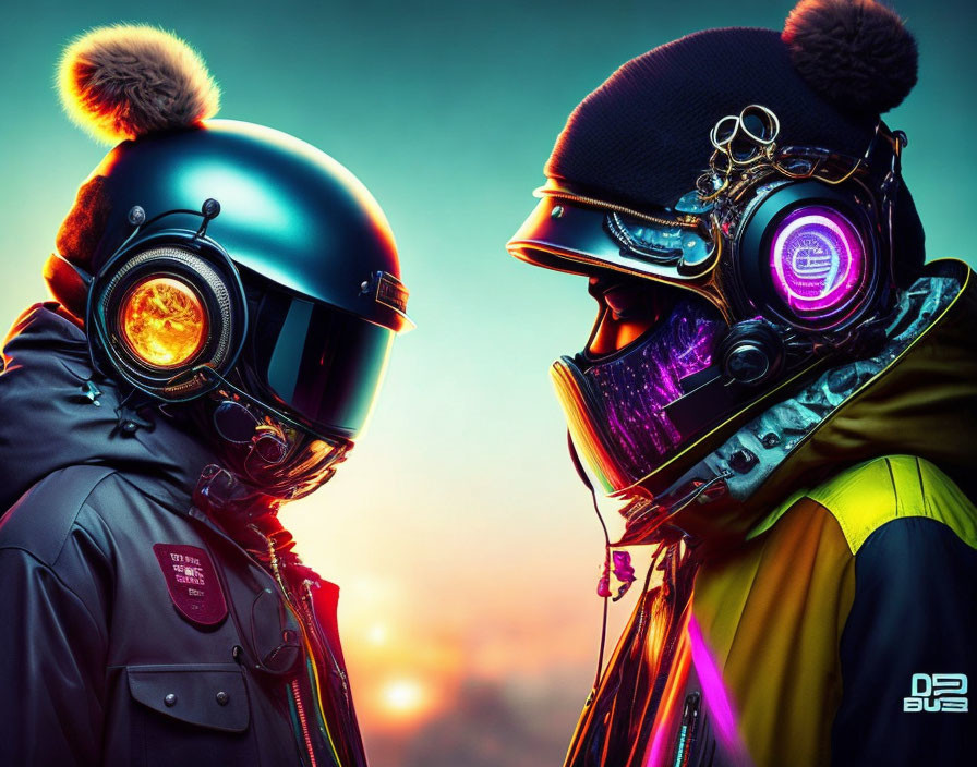 Futuristic helmeted figures under colorful dusk sky