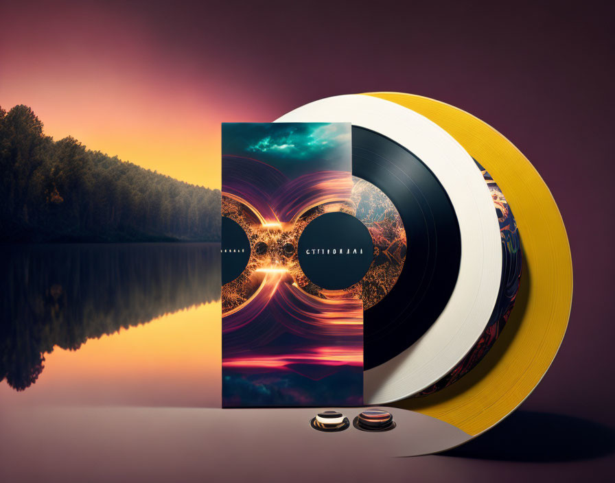 Vinyl record concept with celestial and nature imagery and sound wave rings.