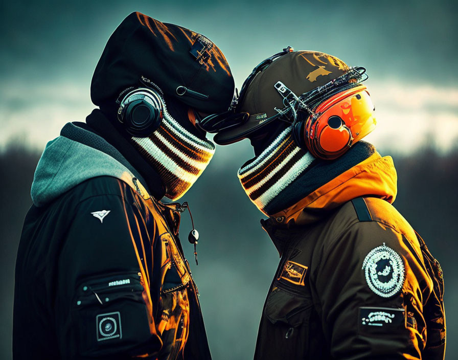 Two people in warm clothing and patterned helmets with headsets against natural backdrop.