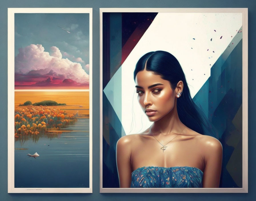 Framed Digital Artworks: Serene Swan Landscape & Geometric Woman Portrait