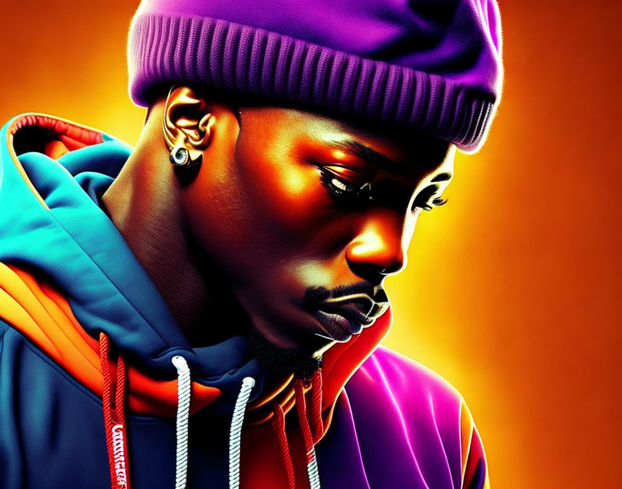 Colorful portrait of a man in purple beanie and vibrant jacket on orange background