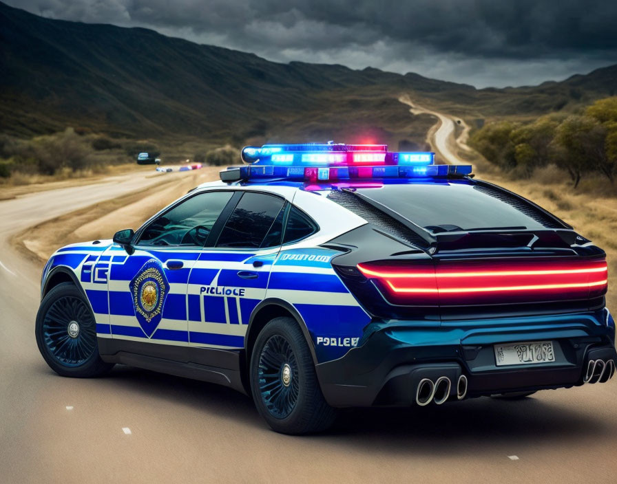 Police car with flashing blue and red lights on deserted road