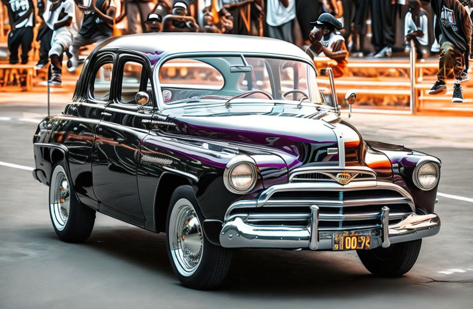 Vintage Black Car with Chrome Detailing and Whitewall Tires Displayed amid Onlookers