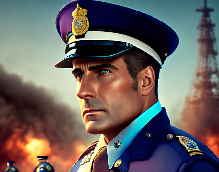 Male animated character in police uniform amid fiery explosion and radio towers