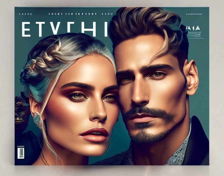 Man and woman digital illustration on magazine cover with bold typography & blue-green palette