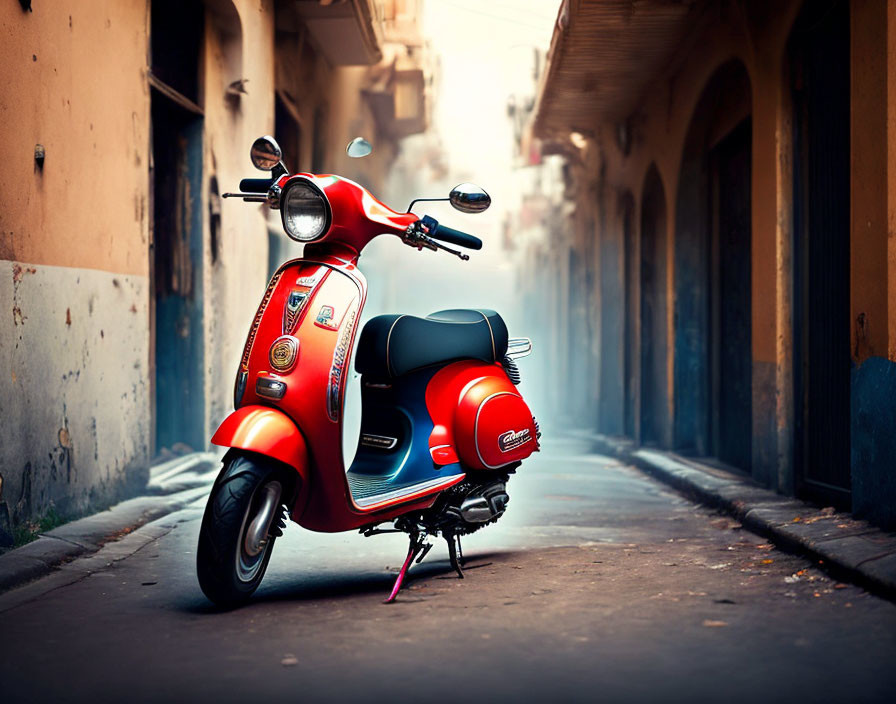 Red Scooter Parked in Narrow Alleyway with Atmospheric Lighting