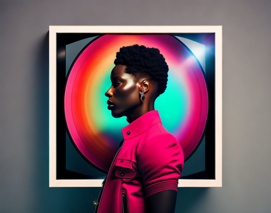 Person with Afro in Pink Jacket on Colorful Background in White Frame