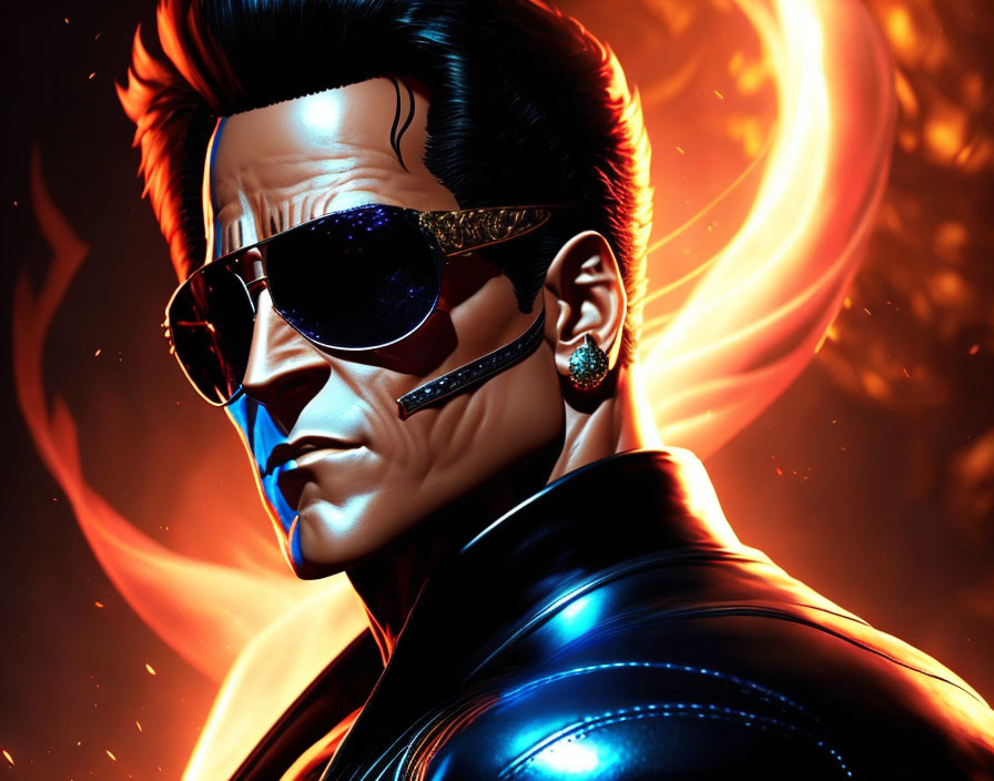 Man in Futuristic Attire with Slicked-Back Hair & Sunglasses on Orange Background