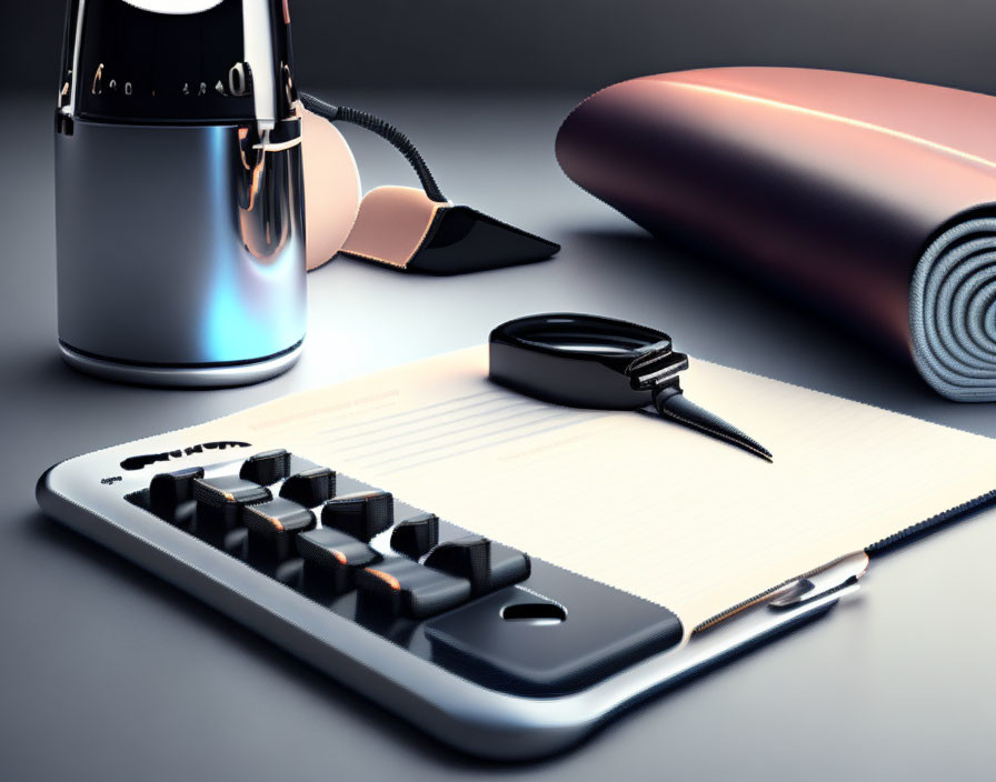 Modern desk setup with calculator, pen, notepad & lamp in muted colors