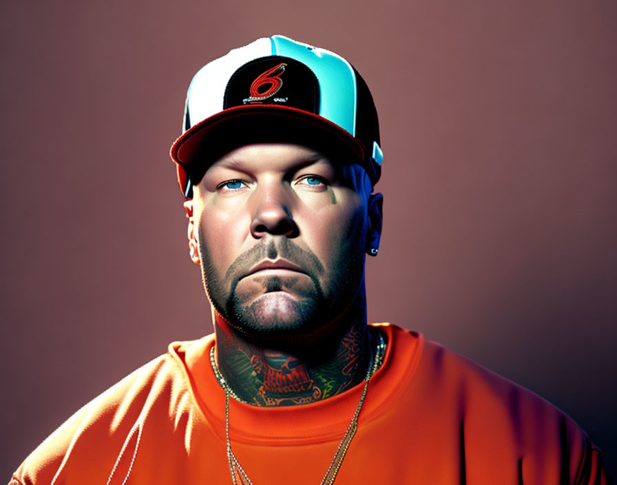 Bearded man with tattoos in orange shirt and colorful cap on brown background