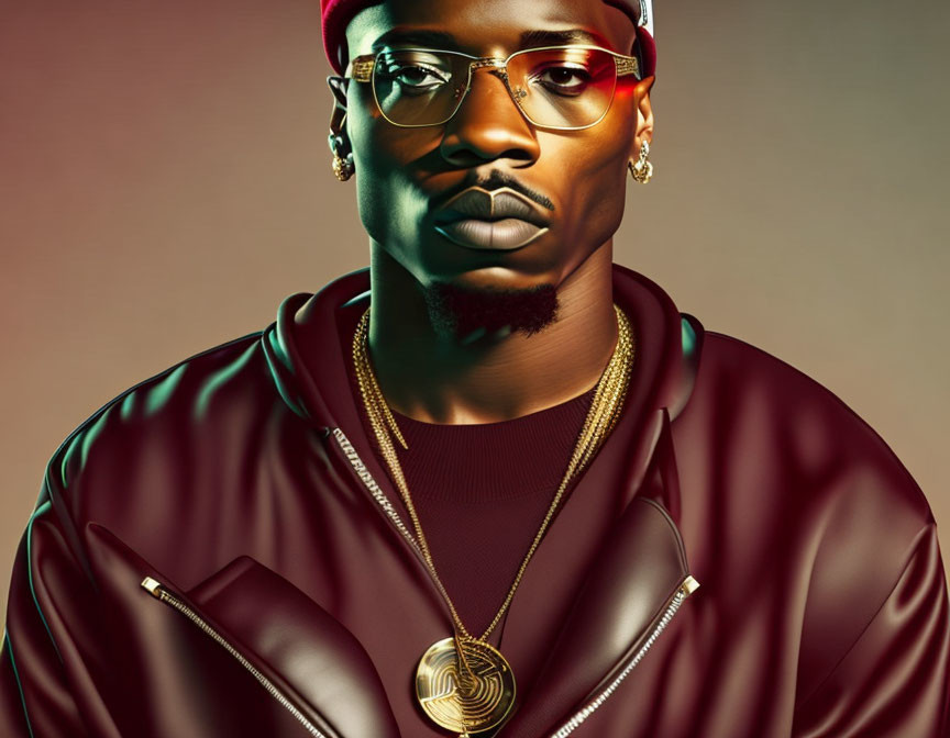 Stylized portrait of a man in red cap, sunglasses, maroon jacket, and gold chain