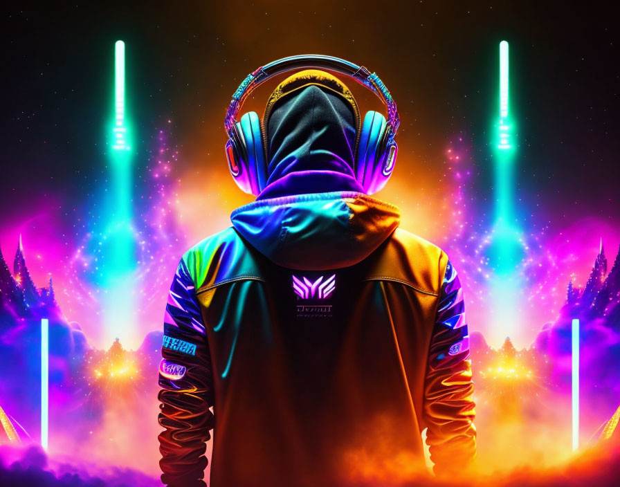 Figure in hoodie and headphones surrounded by neon lights and beams.