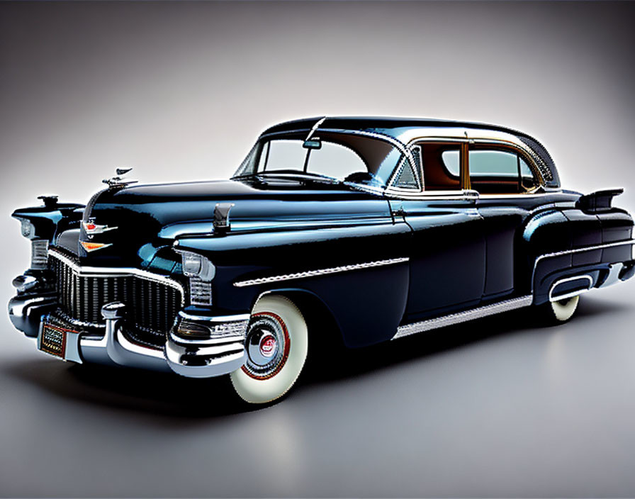 Classic Black Cadillac with Chrome Details and Tailfins on Gradient Background