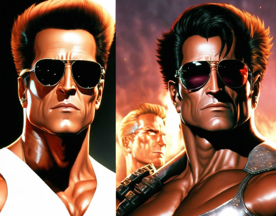 Muscular man with unique hairstyle and sunglasses, split into two images showing cybernetic facial detail.