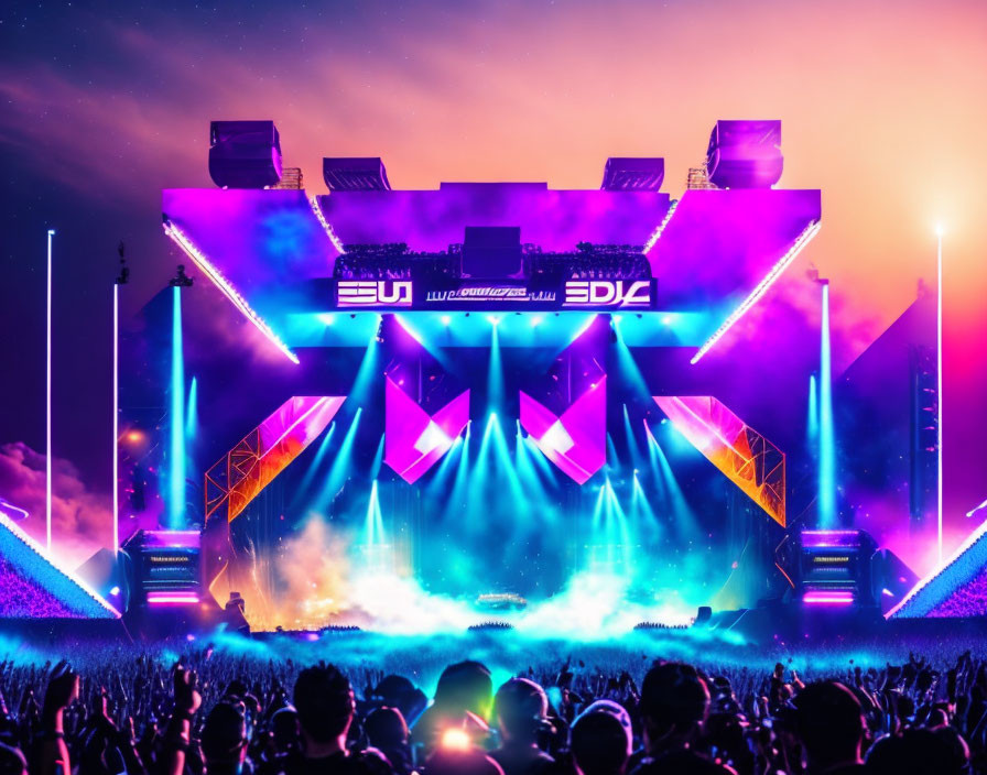 Colorful electronic music festival stage with bright lights and lasers amidst a large crowd under a sunset sky