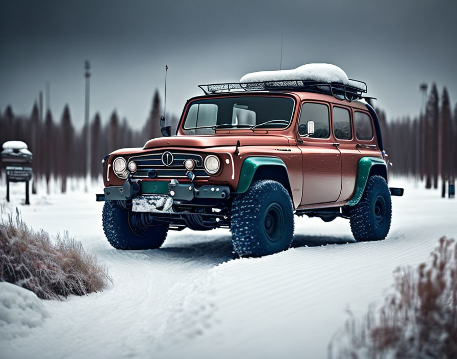 Modified Mercedes SUV with off-road tires in snowy landscape