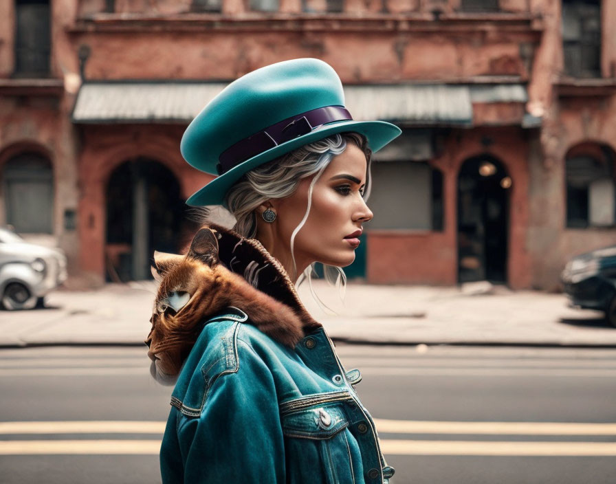 Fashionable woman in turquoise hat and denim jacket with brown cat in urban setting