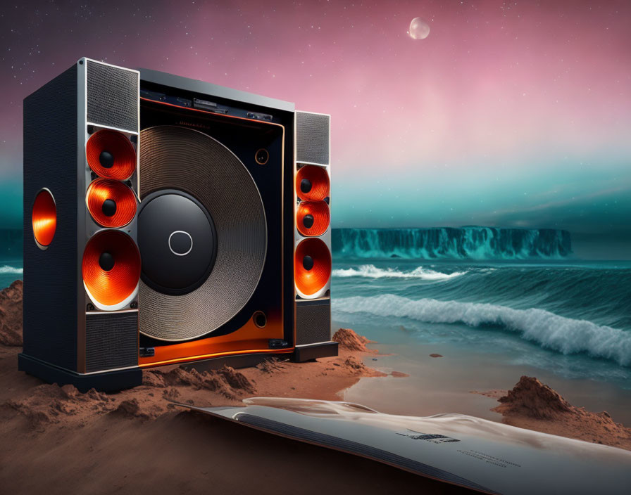 Modern Speaker System on Sandy Beach at Dusk with Pink Sky