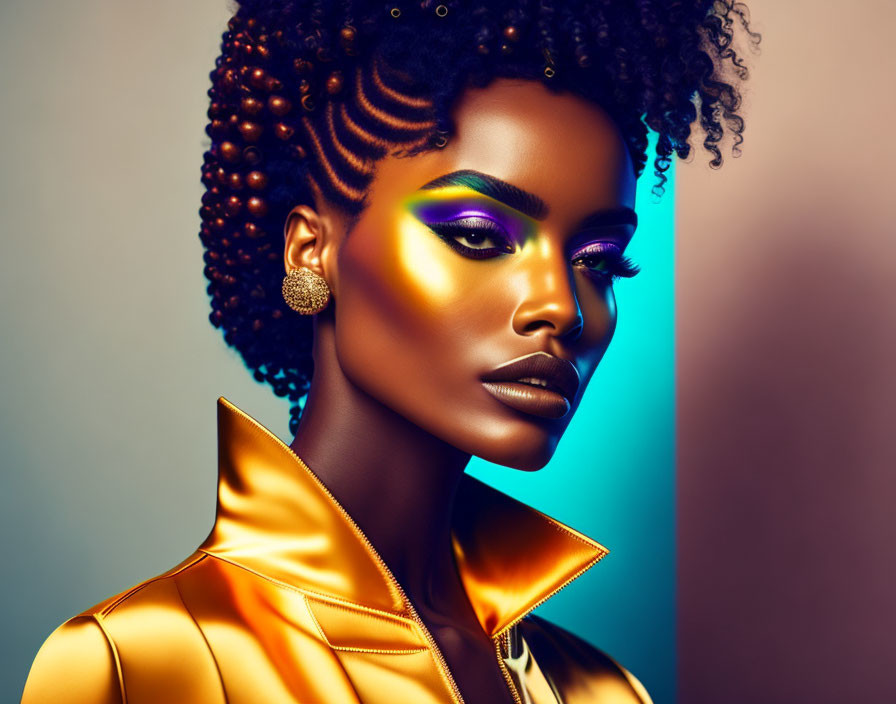 Vivid makeup woman in metallic jacket and golden earrings on gradient background