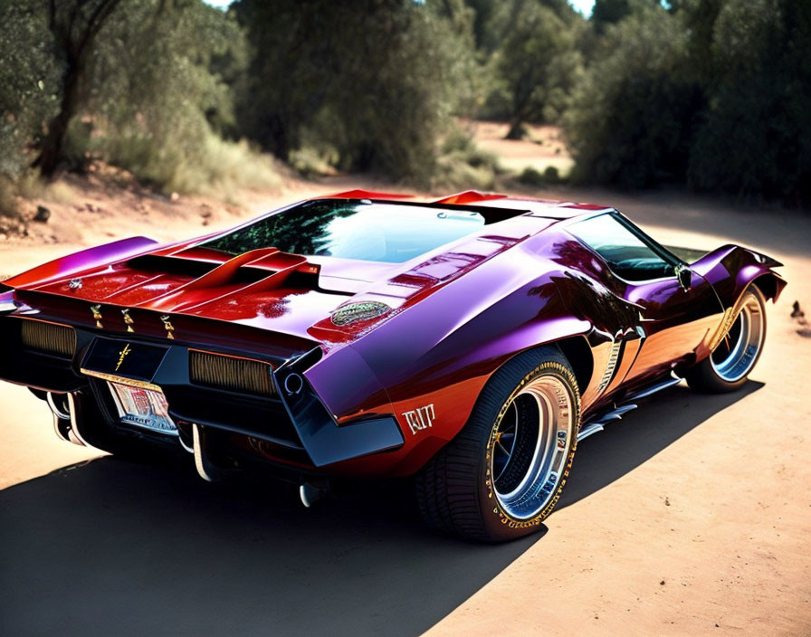 Purple Sports Car with White-Wall Tires on Dirt Road