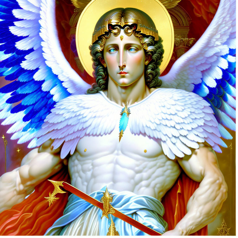 Illustrated angel with blue wings, golden armor, halo, and sword.