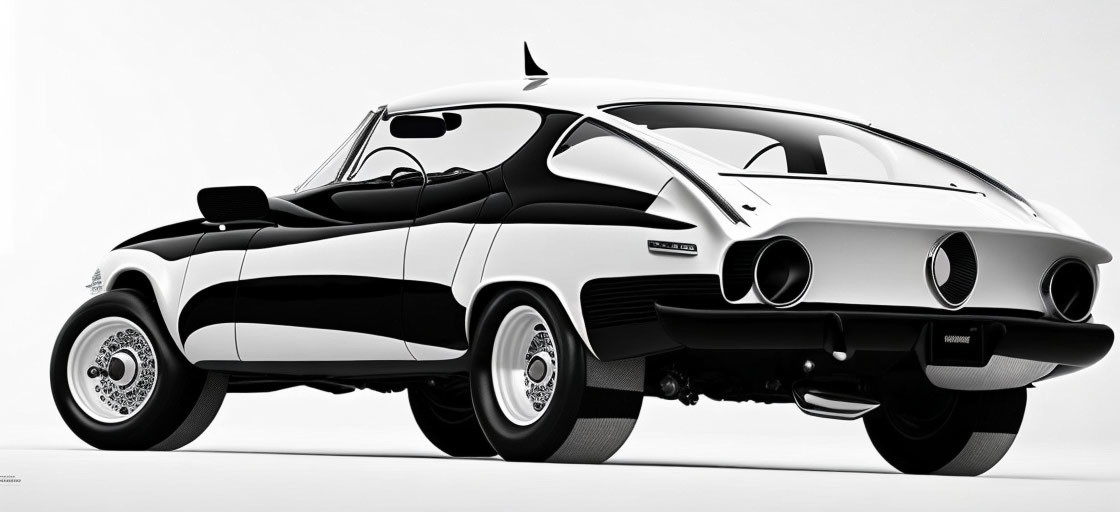 Vintage black and white sports car with circular tail lights and stylized wheels on white background