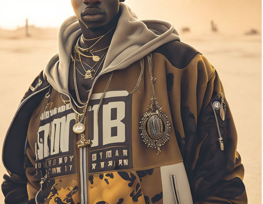 Fashionable person in designer hoodie with chains against sandy backdrop