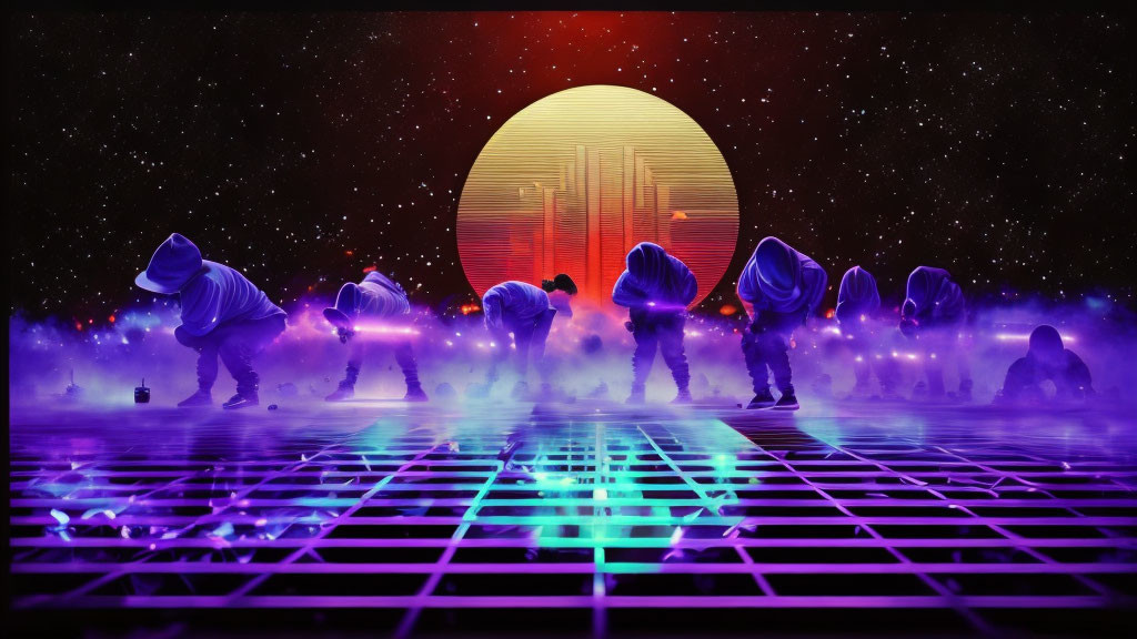 Hooded Figures Bowing to Glowing Orb on Grid Floor