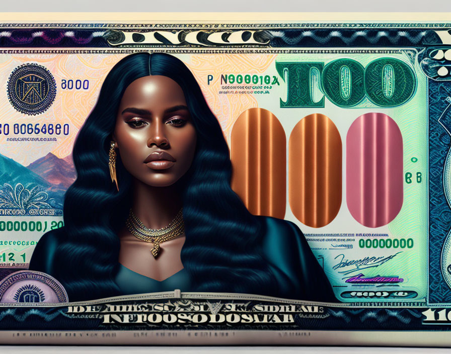 Stylized $100 bill artwork with woman illustration