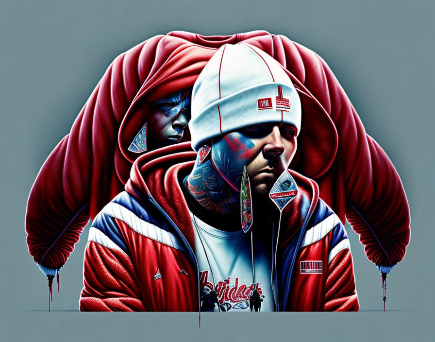 Stylized illustration of two people in red and blue hooded jackets on gray background