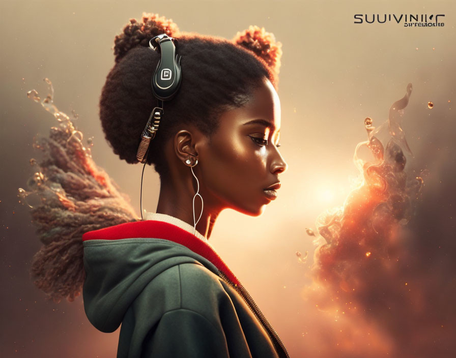 Profile of woman with cosmic hair merging into celestial scene, wearing headphones and red hoodie.