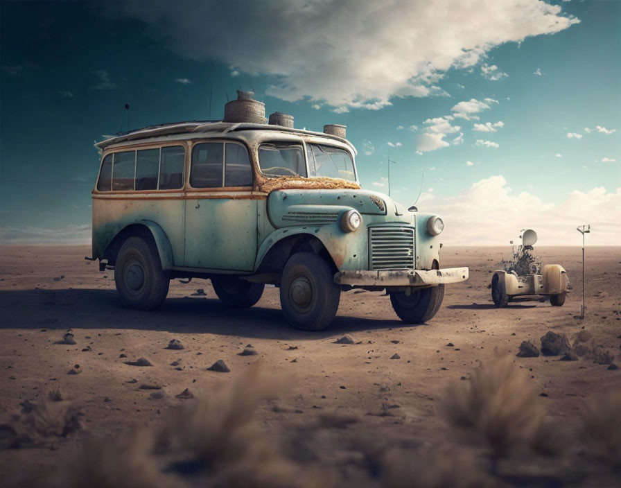 Vintage Bus and Robot with Suitcase in Desert Landscape