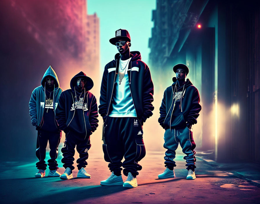 Four individuals in streetwear and sneakers pose in urban alleyway with vibrant lighting.