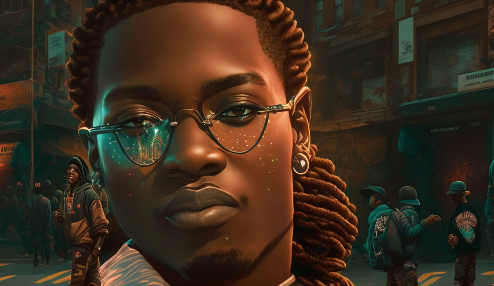 Stylized digital artwork: man with glasses and braided hair in urban setting