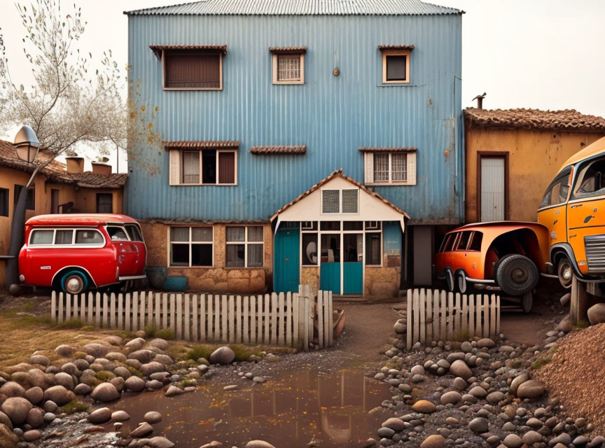 Blue Two-Story Building with Vintage Buses and Cobblestone Yard