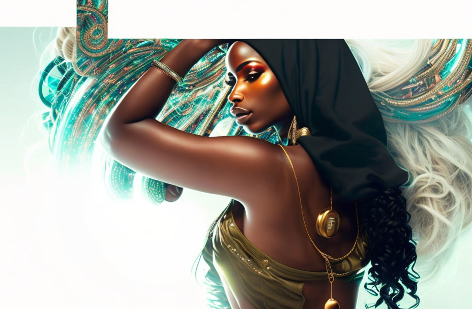 Digital artwork featuring woman with dark skin in black headscarf, gold jewelry, and top, against