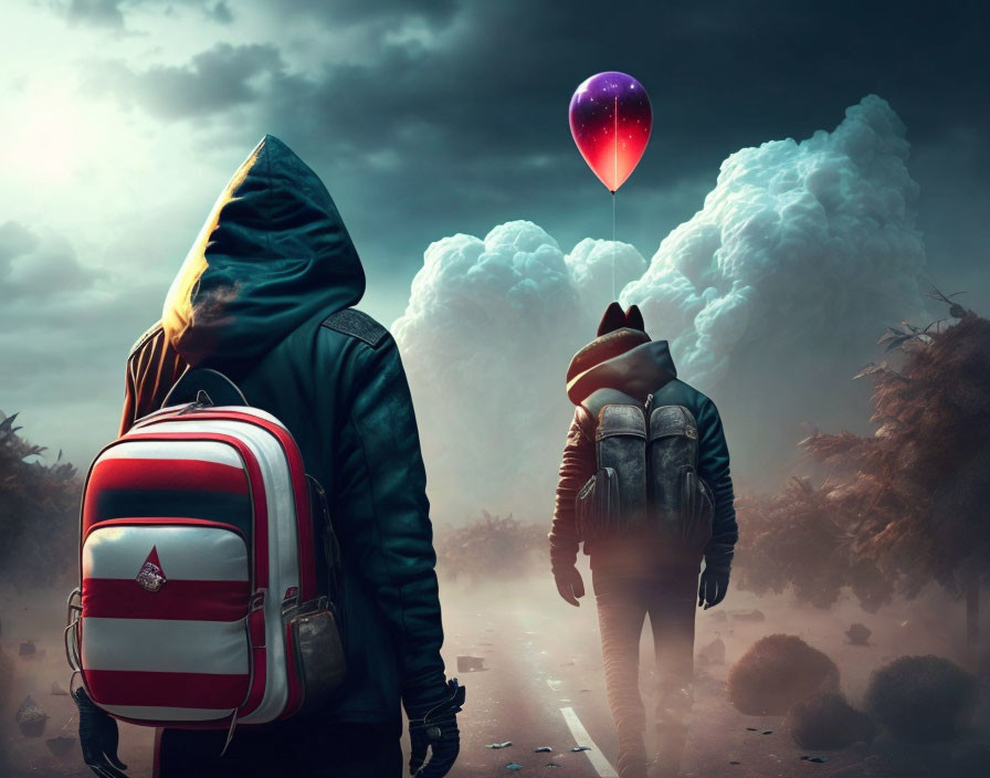 Two People with Backpacks in Surreal Landscape with Red Heart Balloon