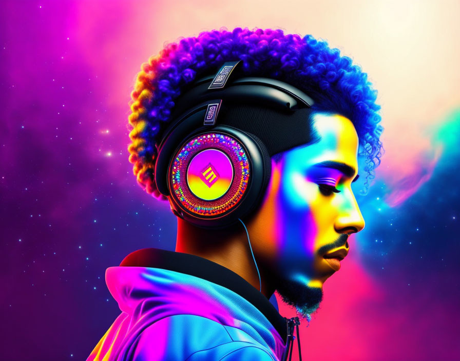 Colorful digital artwork: man with curly hair in headphones on neon background