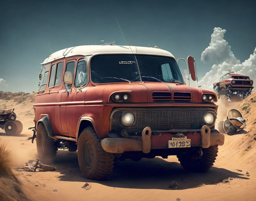 Retro-futuristic vehicles chase in sandy desert landscape