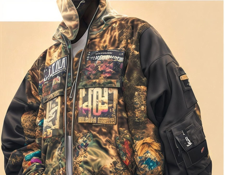 Stylish Camouflage Jacket with Graphic Prints and Utility Pockets