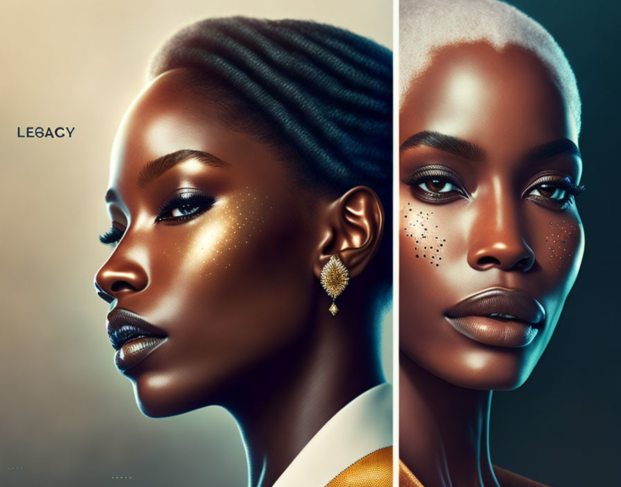 Dual portraits of a woman with striking makeup and gold earrings on warm-toned backdrop.