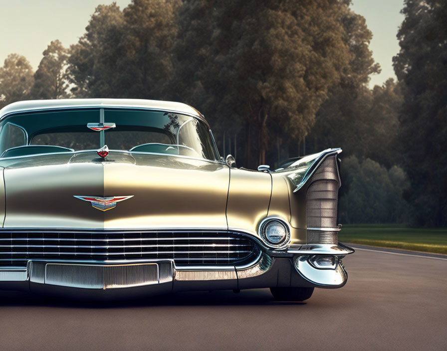 Classic Golden Cadillac Car with Tailfins Driving at Twilight