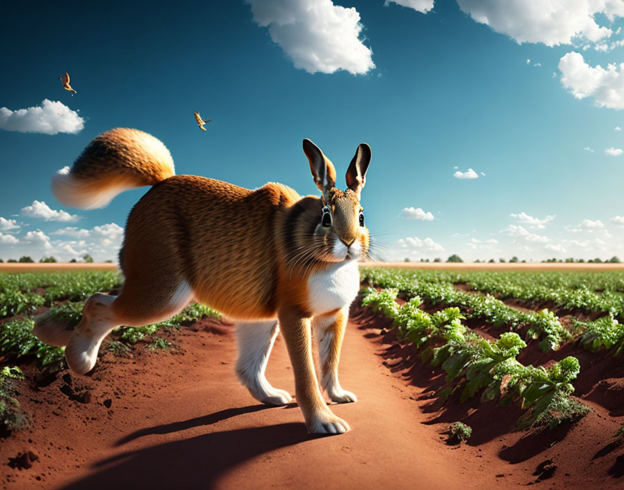 Whimsical creature with rabbit body and kangaroo legs in vibrant landscape