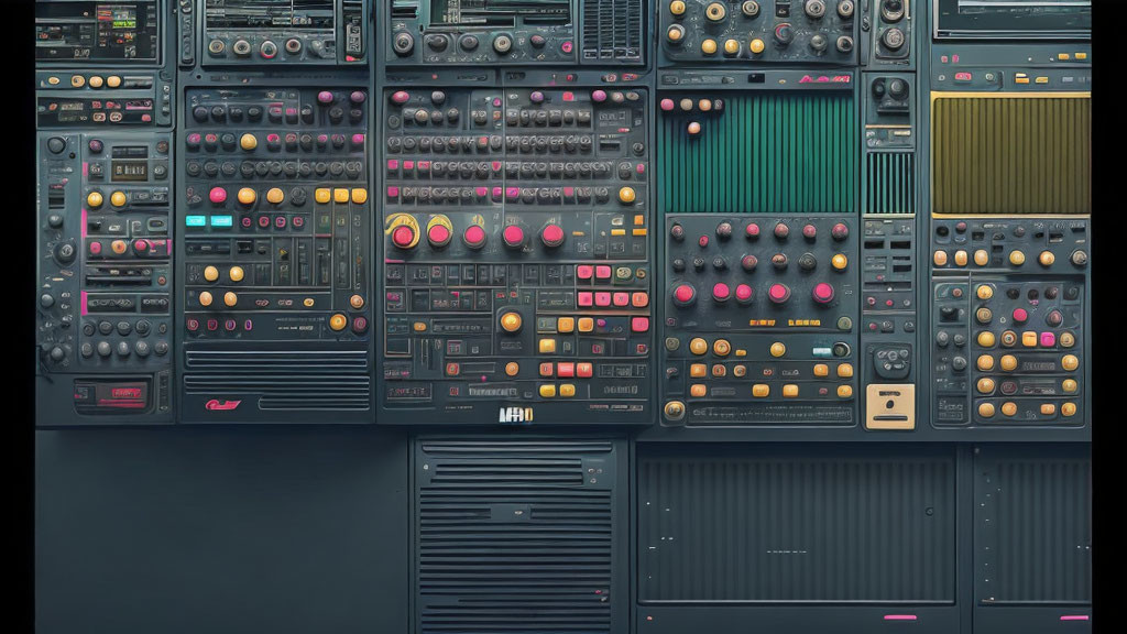 Detailed control panel with buttons, knobs, sliders in black, grey, color-coded elements