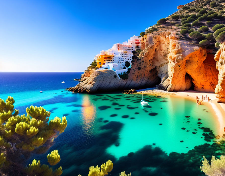 Turquoise waters, white sandy beach, and cliffside buildings in sunlight