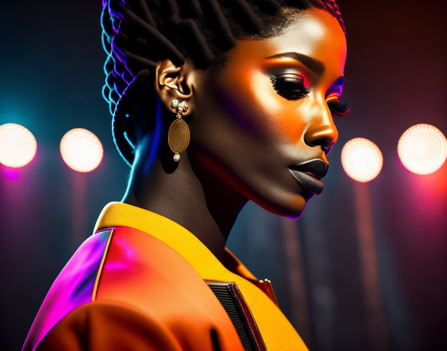 Profile view of woman with striking makeup and braided hairstyle in orange jacket and gold earrings.